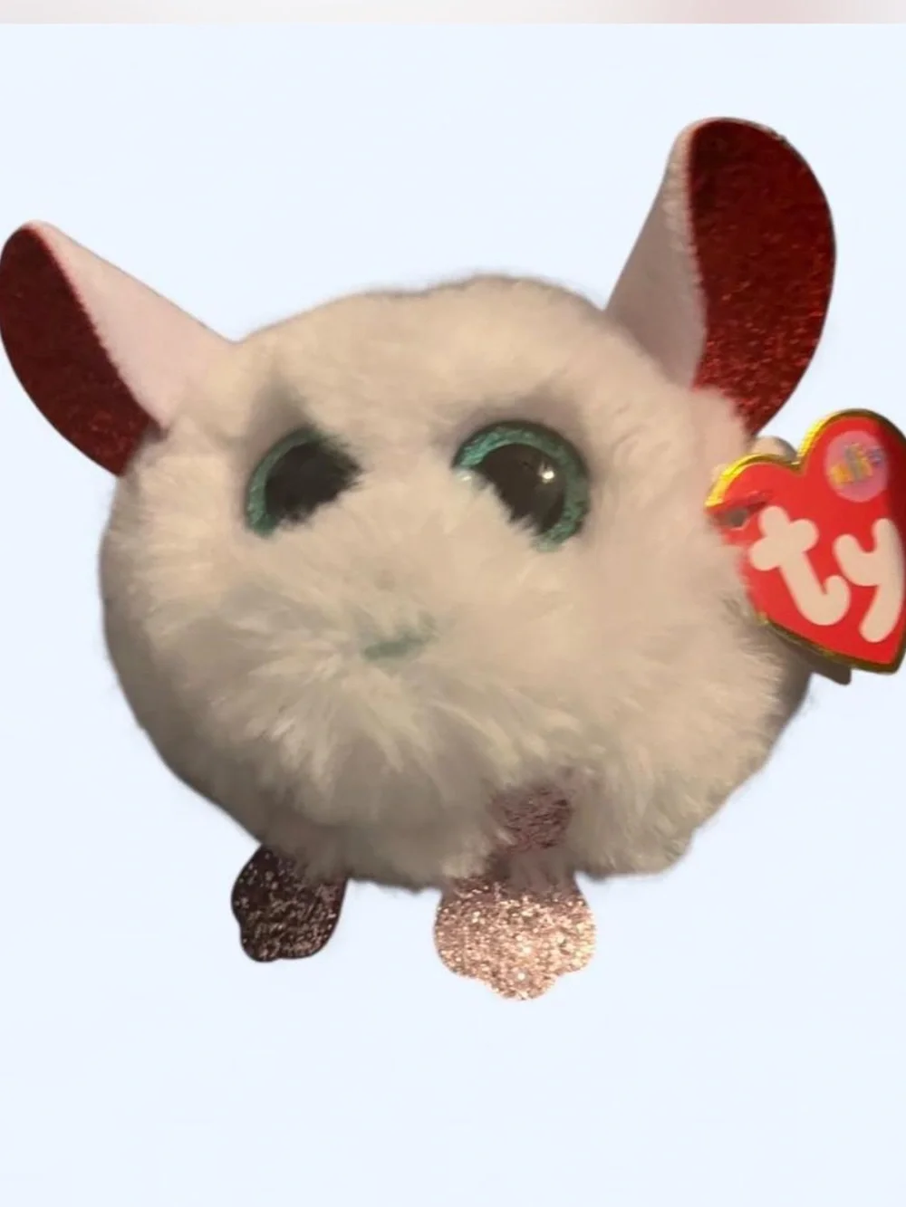 Ty White Fluffy Beanie Boo Brie with red Sparkle Ears and pink Feet